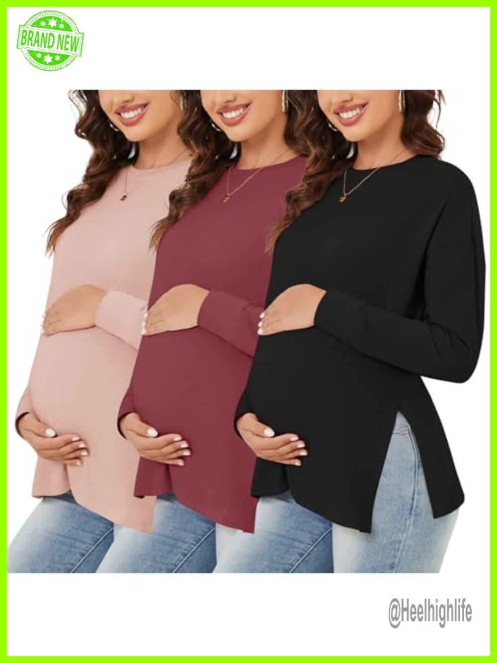 Maternity 3 Pack Long Sleeve Side Ruched Tee Tunic Top